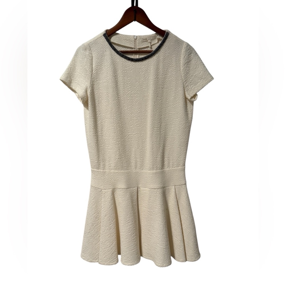 Maje Cream Textured Short Sleeve Beaded Neck Drop Waist Dress 2